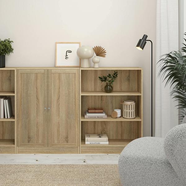 Furniture To Go Basic Low Wide Storage Cabinet in Oak (2 Shelves) with 2 Oak Doos