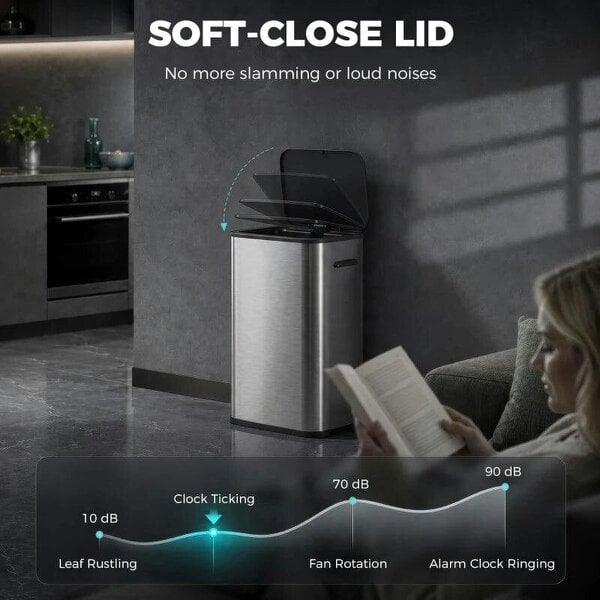 55L Sensor Bin for Kitchen, Touchless Automatic Waste Rubbish Bin, Stainless Steel, Battery Operated, Silver Tone