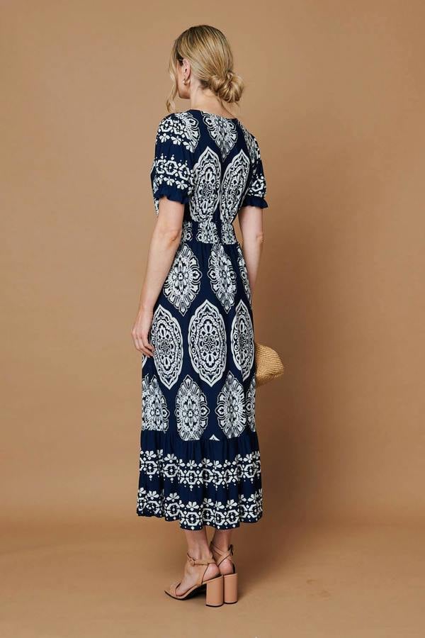 Navy | Printed Shirred Puff Sleeve Maxi Dress