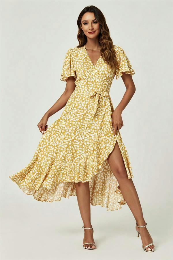 FS Collection Floral Print Midi Wrap Dress In Yellow