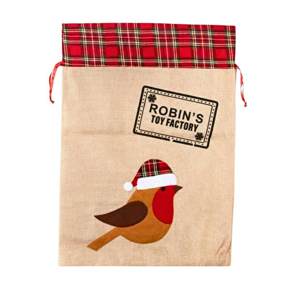 5cm Robin Christmas Hessian Santa Sack with Printed Festive Pattern, Reusable Gift Storage Bag image 1