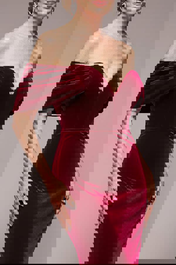 Off The Shoulder Deep Plunge Velvet Maxi Dress - Burgundy DR4692M