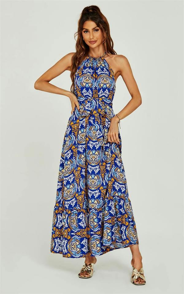 FS Collection Rose Flora Print Halterneck Tiered Maxi Dress In Royal Blue