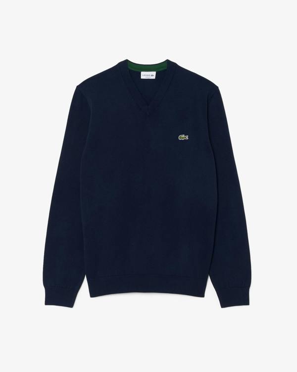 Lacoste Monochrome Jersey Mens V Neck Sweater - Navy Blue 166