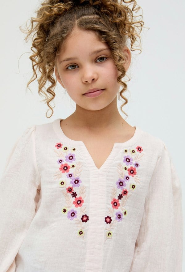 Kids Dina V-Neck Embroidered cotton Blouse In Cream - image 4