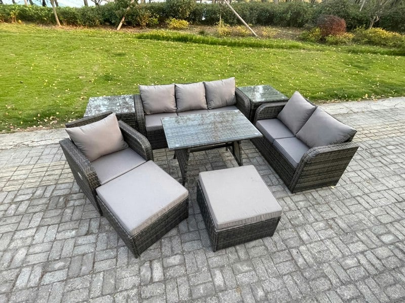 Fimous 8 Piece Dark Grey Mixed Rattan Outdoor Dining Set - Rectangular Dining Table, Armchair, 2 Big Footstools & 2 Side Tables
