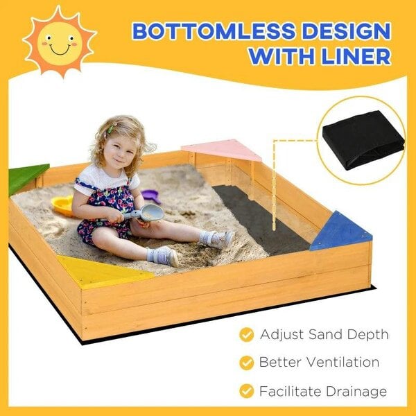 Bobobiy Kids Wooden Sand Pit, Children Sandbox, with Four Seats, Non-Woven Fabric, for Gardens, Playgrounds