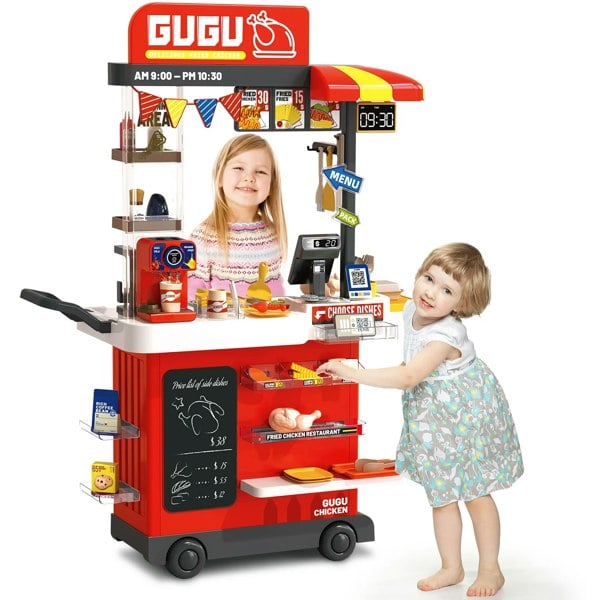 deAO Toys RED Kids Play Kitchen Fried Chicken Shop Pretend Cooking Food Truck with Lights & Sounds