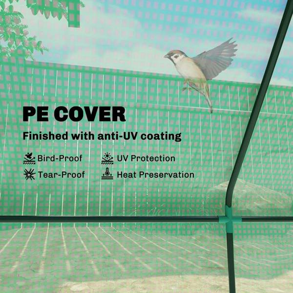 Green mini greenhouse cover with anti-UV, tear-resistant mesh panel.