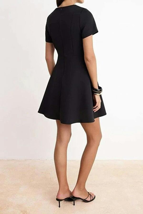 WOVCOR Waist-Fronted Short Sleeved Mini Stretch Woven Dress