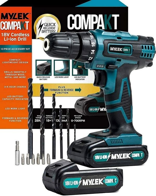 MYLEK 18V Cordless Drill Driver with Two Li-ion Batteries And UK Charger, Screwdriver Action And Accessory Kit