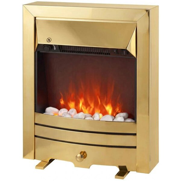 Electric Fireplace Stove Freestanding/Inset, 2000W, Electric Fire with LED Flame, Pebbles, Adjustable Thermostat, Gold