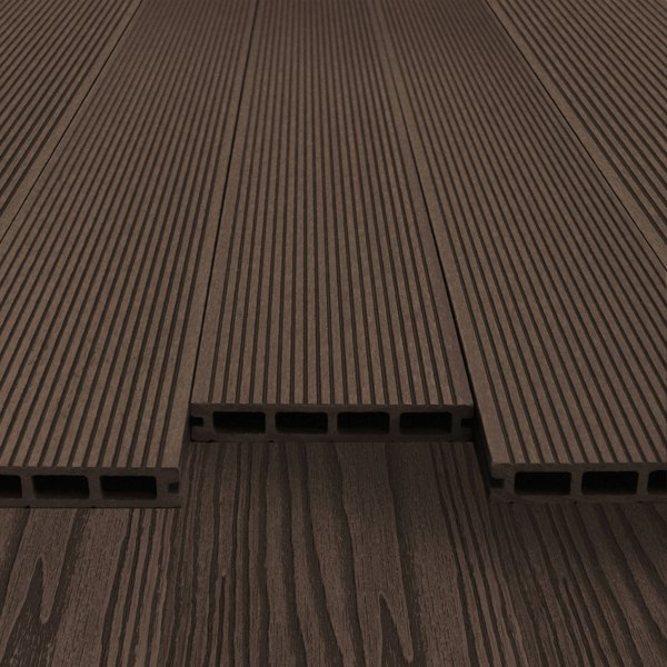 Brown composite decking boards with a textured surface and hollow design, ideal for outdoor patios and decks, showcasing durability and style