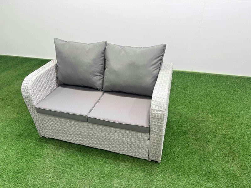 Fimous 9 Seater Outdoor Reclining Chair Love Sofa Set Rattan Garden Furniture Set with Rectangular Dining Table 3 Stools 2 Side Table Light Grey