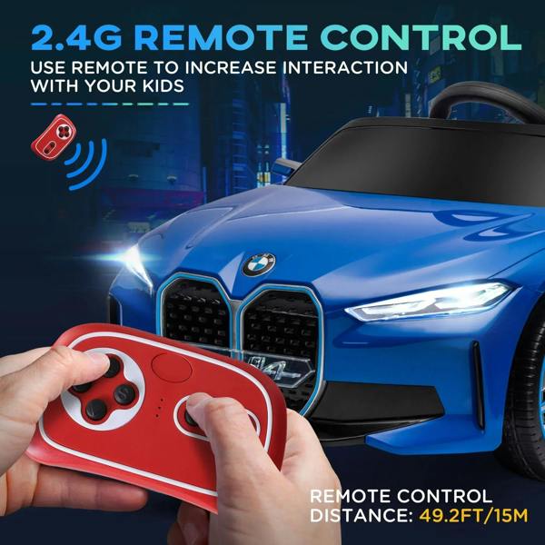 Blue kids electric ride-on car with red remote control held near the front.