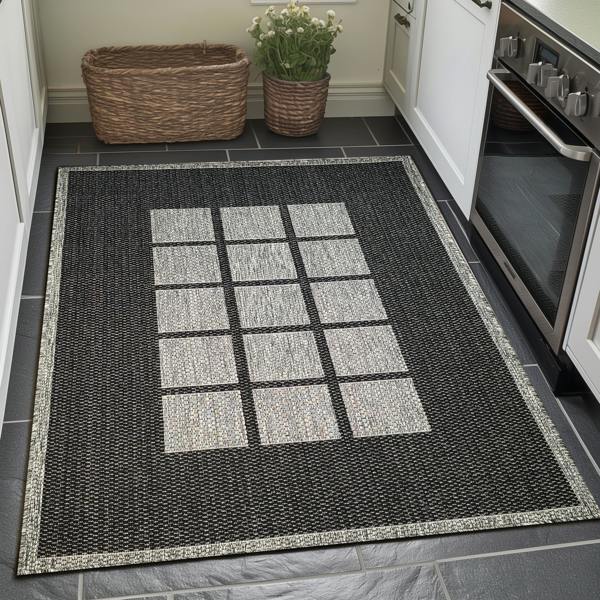 Viva Rugs Non-Slip Black Grey Rug Geometric Border Design Flat Weave Kitchen Dining Room Living Room Area Mat