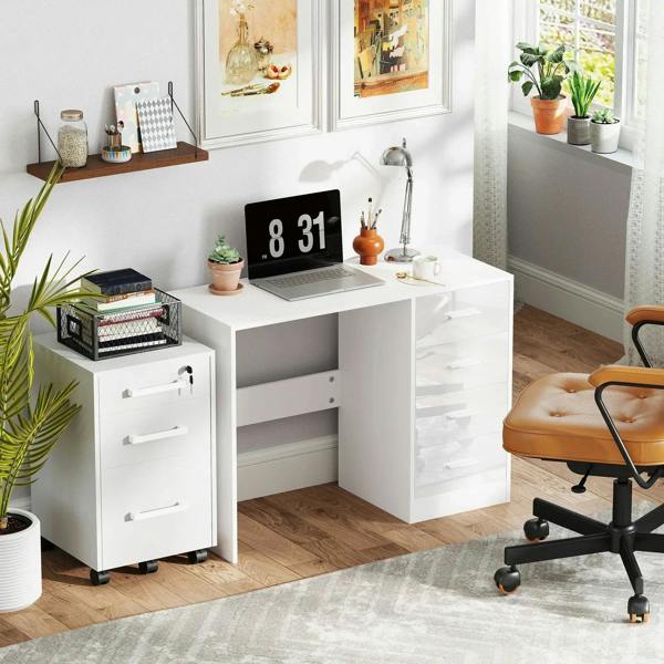White computer desk with drawers and open shelf, workspace styled with decor