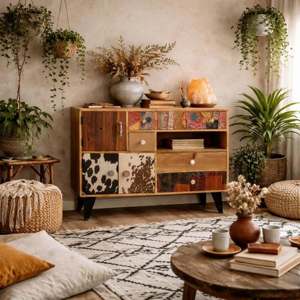 Wyld Haus Kokkola Quirky Pattern Reclaimed Wood Large Sideboard 3 Doors 4 Drawers