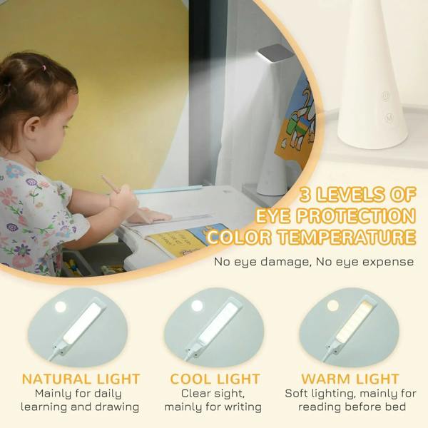Grey kids study desk set with 3-level eye protection color temperature lamp