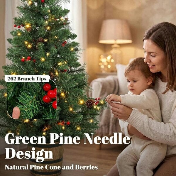Bobobiy 2 PCs Prelit Christmas Trees with Dual-Colour LEDs, Berry, Pinecones, Battery-Operated, 11 Modes, Pot, Remote, 4ft