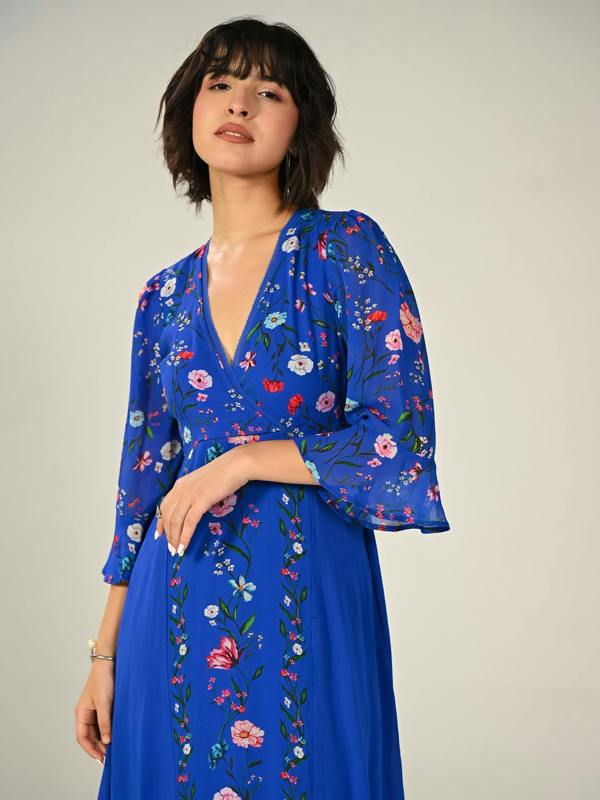 Rose & Nancy Tory Blue Botanical Floral Border Print Maxi Dress