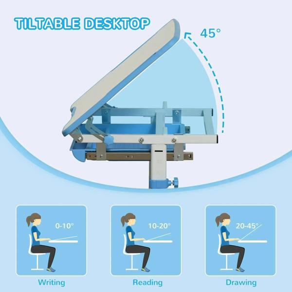 Kids blue height-adjustable desk and chair set with tiltable writing desktop.