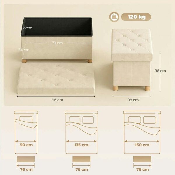 Velvet Upholstered Foldable Ottoman Footrest, Storage Ottoman Bench with Wood Legs for Living Room, Cream White