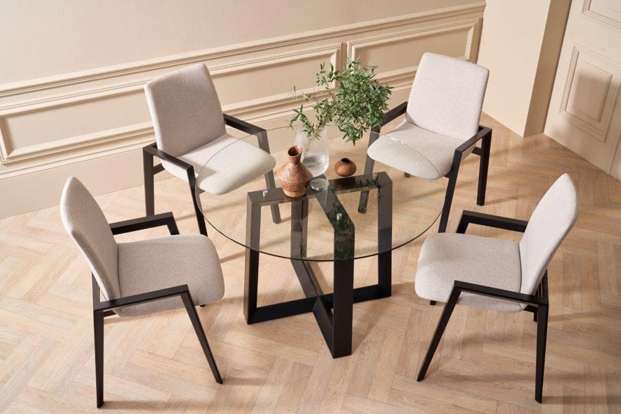 Cadiz Large Round Dining Table with Clear Glass Top & Natural Black Oak Base by Gillmore British Design © GillmoreSPACE Limited