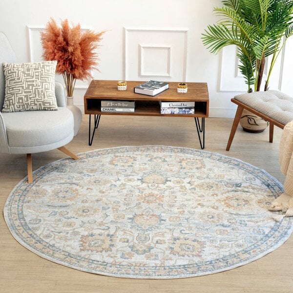 Livabliss Lillian LLL2327 Washable Grey Yellow Blue Traditional Vintage Boho Rug - 200 cm Round