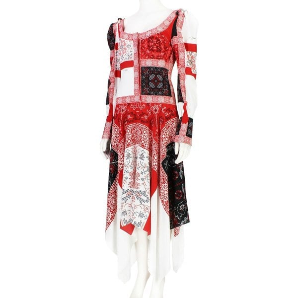 Alexander McQueen patchwork patterned dress in red, black and white with scoop  neckline and trapeze hemline