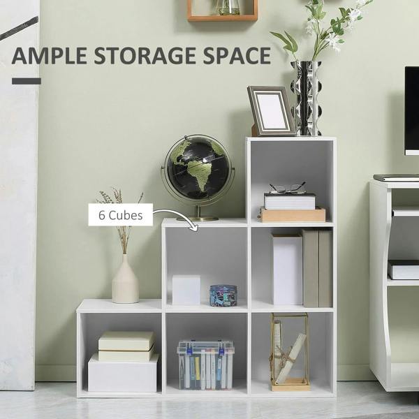 White 6-cube step storage cabinet with open cubbies for home office