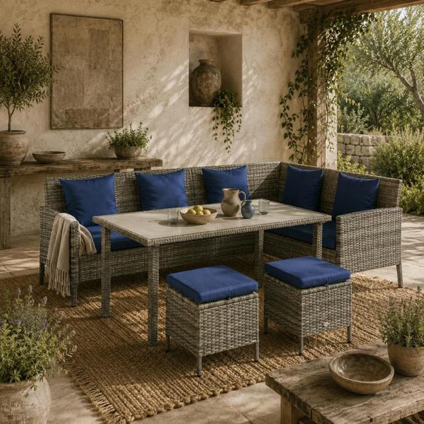 Wyld Haus Noro Rattan Dark Blue 5 Piece Outdoor Dining Furniture Set With Cushions