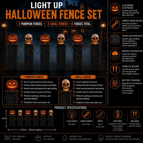 Samuel Alexander 2.4m Battery Powered Light Up Halloween Skull & Pumpkin Fence with LEDs