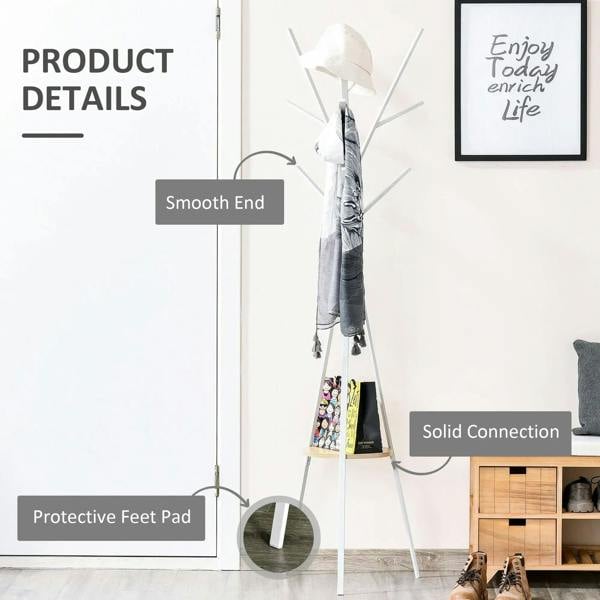 White metal coat rack with round shelf, smooth ends, and protective feet pads