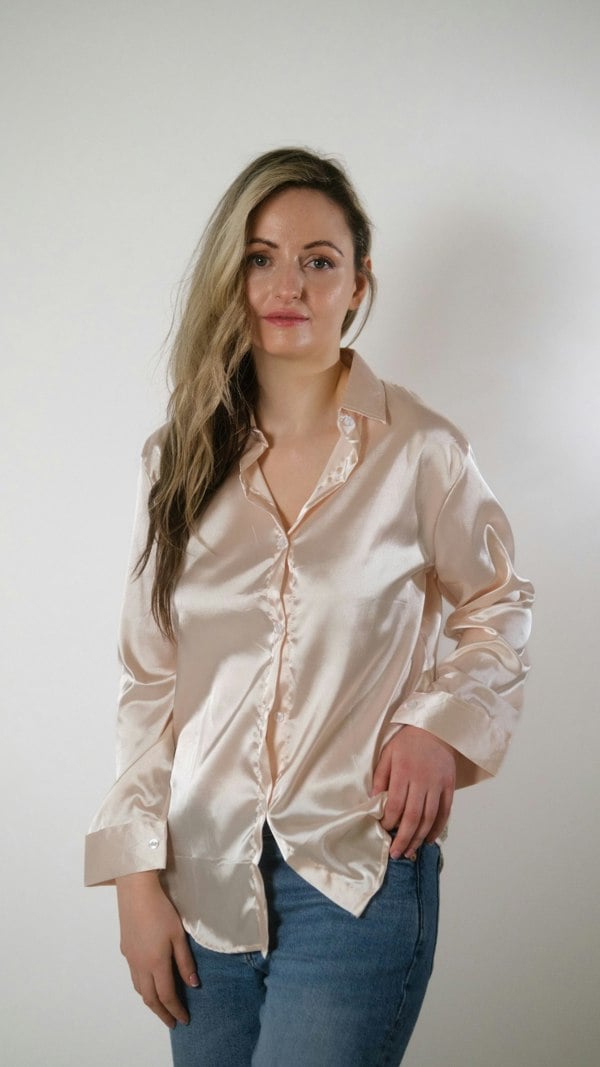 The Colourful Aura Beige Silk Satin Plain Long Sleeve Solid Print Loose Shirt