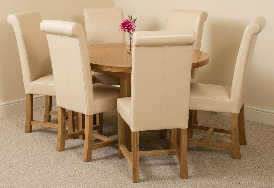 That's Furniture Edmonton Round Extendable Oak Dining Set with Washington Leather Chairs