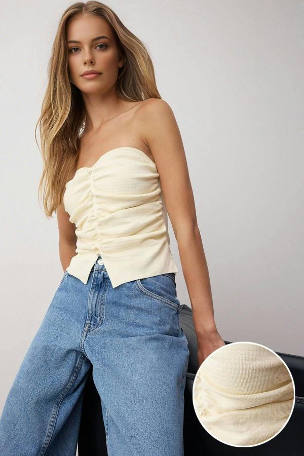 Pearl Embellished Strapless Fitted Knit Blouse