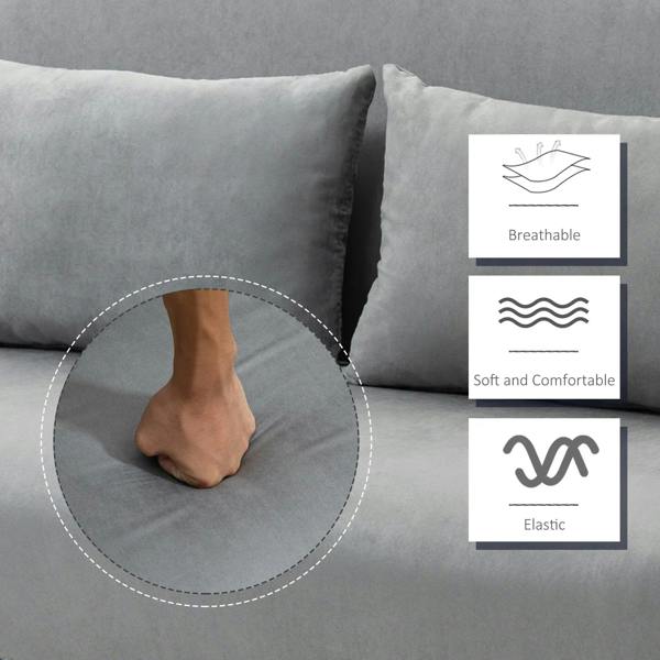Light grey sofa bed cushion with comfort icons: breathable, soft, and elastic support