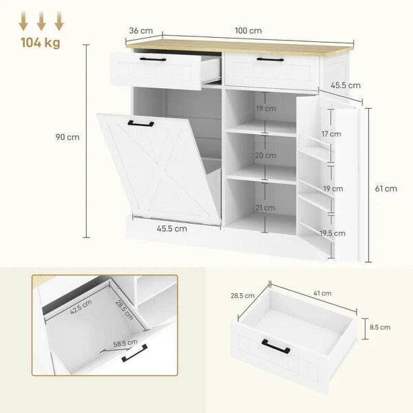 Sideboard with Tilt-out Trash Bin, Farmhouse Kitchen Sideboard with 2 Drawers, Adjustable Shelves, Door Racks, White