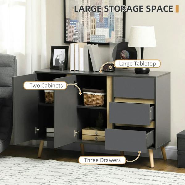 Dark grey sideboard with double doors, pull-out drawers, and storage compartments