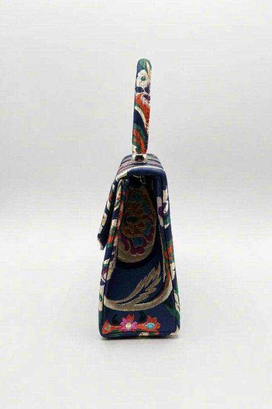 SVNX Floral Satin Embroidered Top Handle Bag in Navy