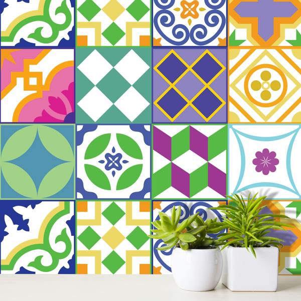 WALPLUS WT1533 - Classic Spanish Colourful Mixed Tiles Wall Stickers Set 1 - 15 x 15 cm (6 x 6 inches) - 24 pcs.
