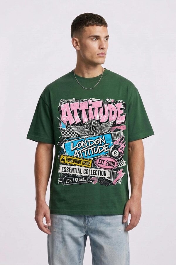 London Attitude Retro Graphic Oversized Heavyweight Streetwear T-Shirt - Forest green