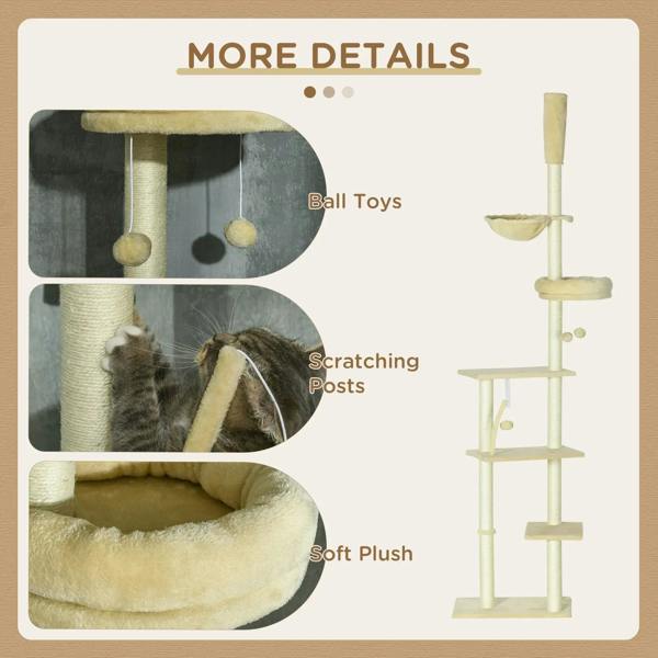Beige cat tree details panel showing plush hammock bed, scratching posts, and ball toys