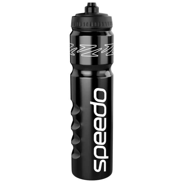 Black Speedo water bottle with white logo and textured grip for training sessions