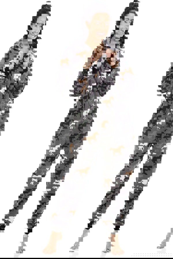 Camille Womens Supersoft Fleece Grey Horse Print All In One