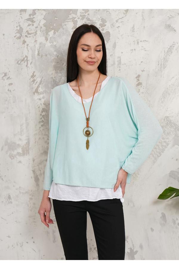 Hoxton Gal Oversized Long Sleeves Double Layered Top with Necklace in Mint