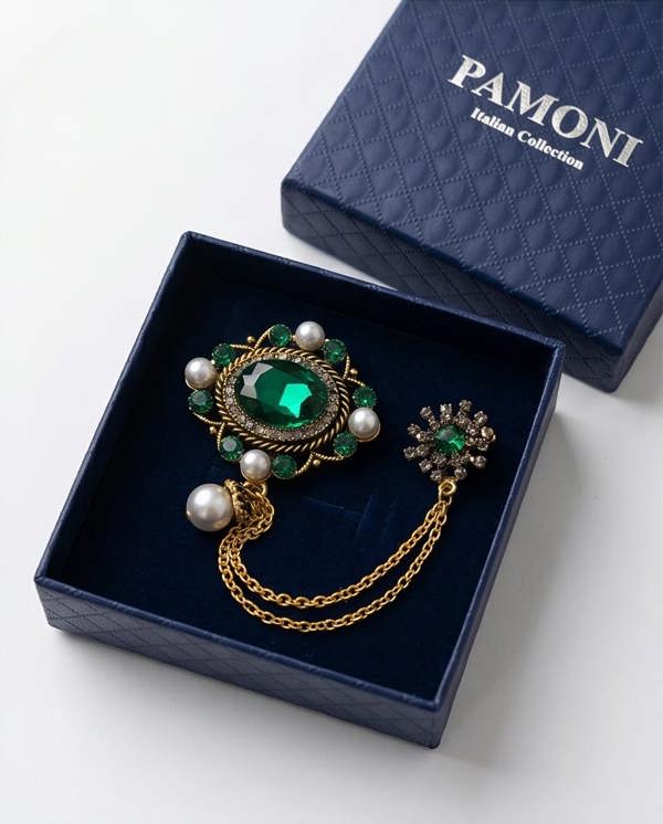 Pamoni Opulent Emerald & Pearl Lapel Chain Brooch