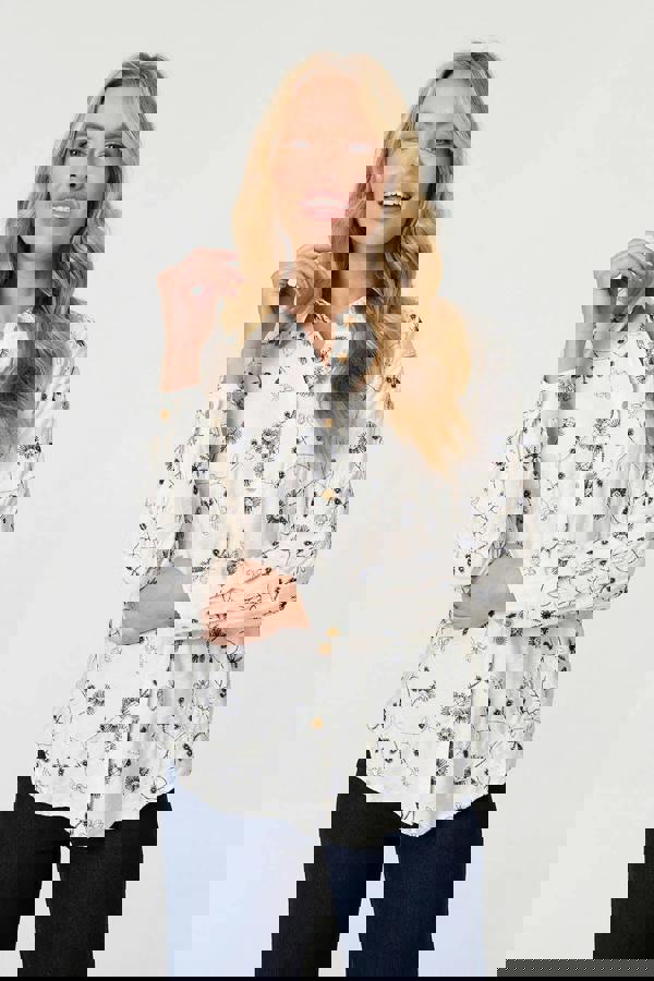 White | Embroidered Detail Long Sleeve Shirt : Model is 5'10"/178 cm and wears UK8/EU36/US4/AUS8