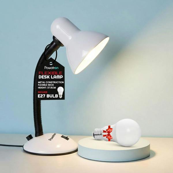 Powatron Flexible Desk Lamp with Bulb Adjustable Neck Metal Construction On/Off Switch & 1.5m Cable W/BS Approved Plug Mains Powered Desk Lamps